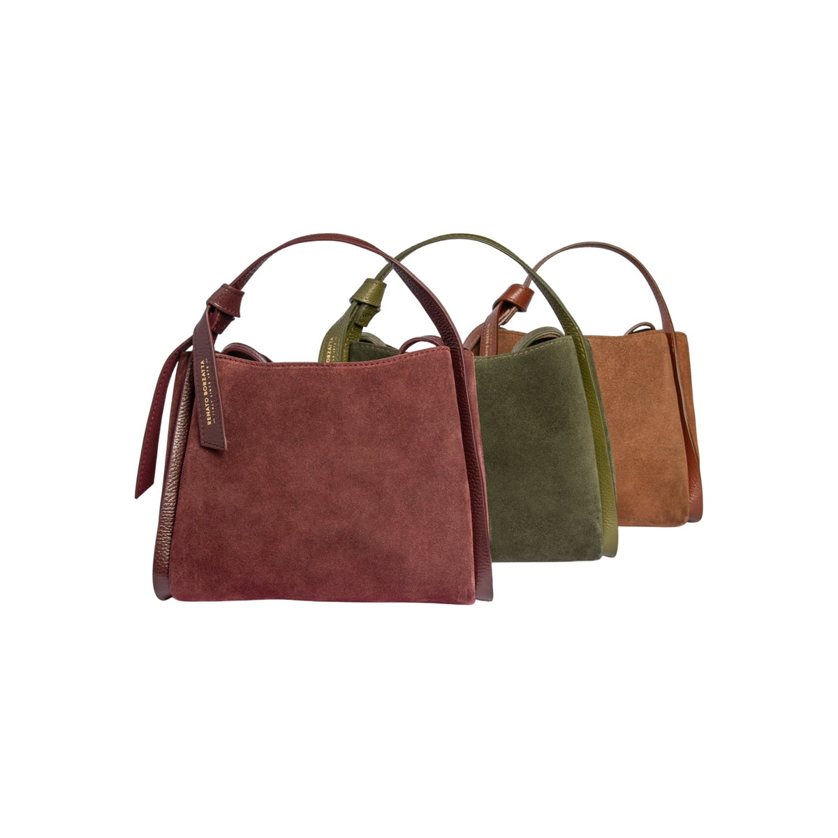 Suede handbag set with top handles in burgundy, forest green, and tan tones.