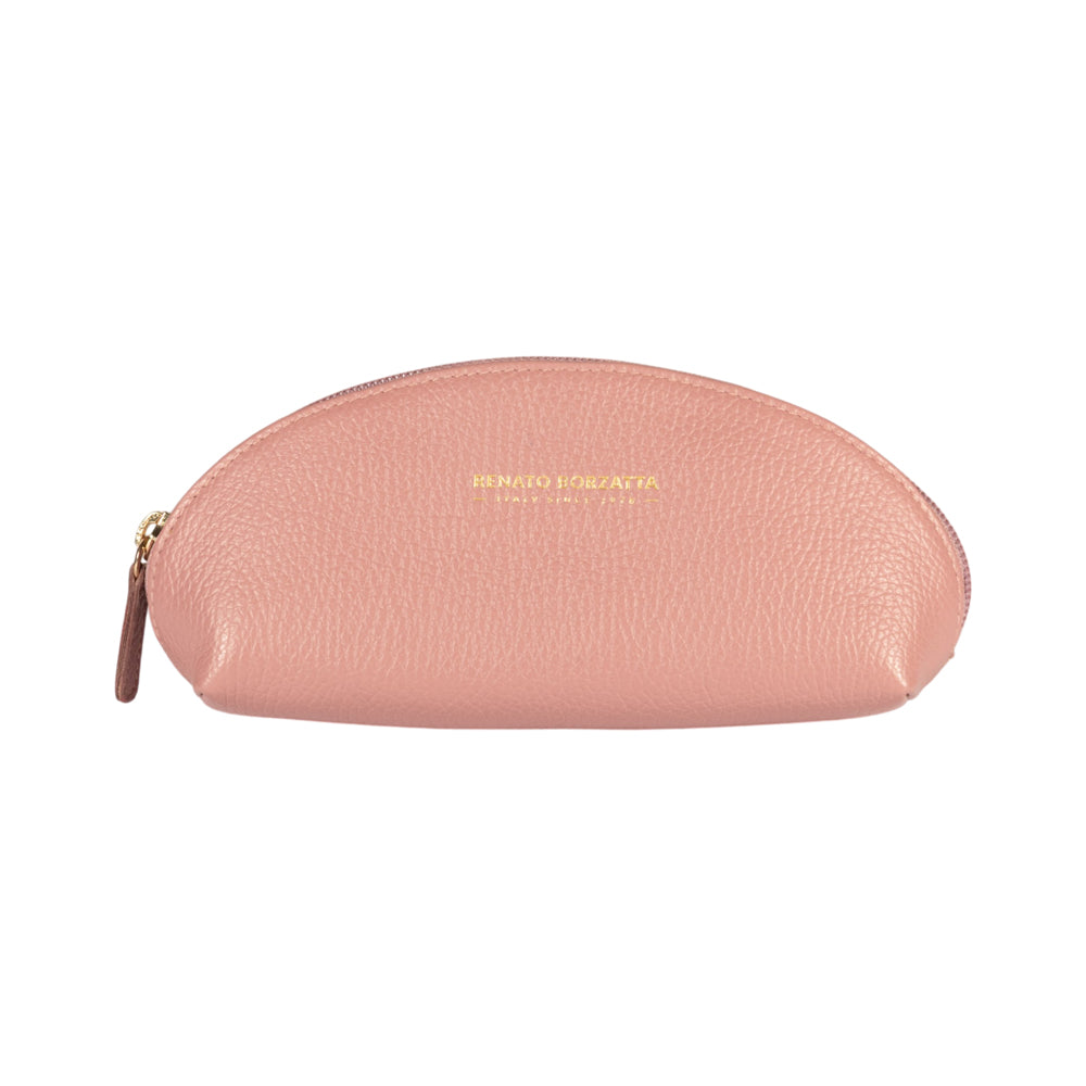 Antique pink half-moon leather pouch with gold zipper and embossed logo