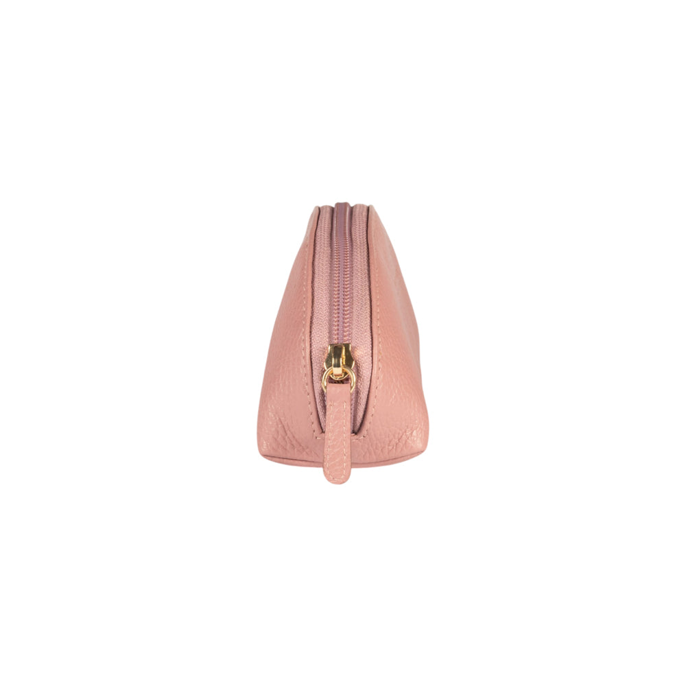 Antique pink half-moon leather pouch, side view with gold zipper pull