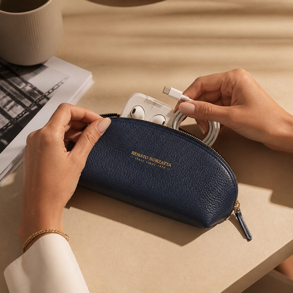 RB1088D | Half-Moon Pencil Case/Clutch Bag Made in Italy in Genuine Dollar Grain Leather. Color: Blue
