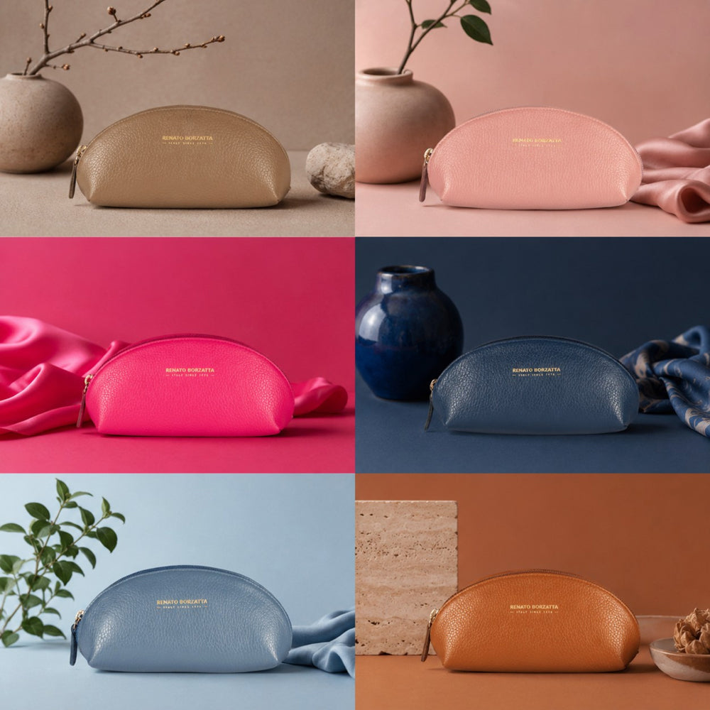 RB1088D | Half-Moon Pencil Case/Clutch Bag Made in Italy in Genuine Dollar Grain Leather. Color: Blue