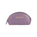 Purple half-moon leather clutch bag with top zipper and gold-tone hardware