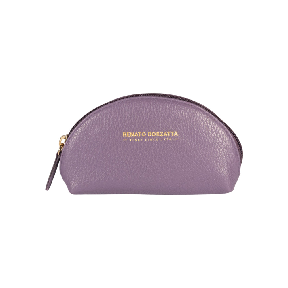 Purple half-moon leather clutch bag with top zipper and gold-tone hardware