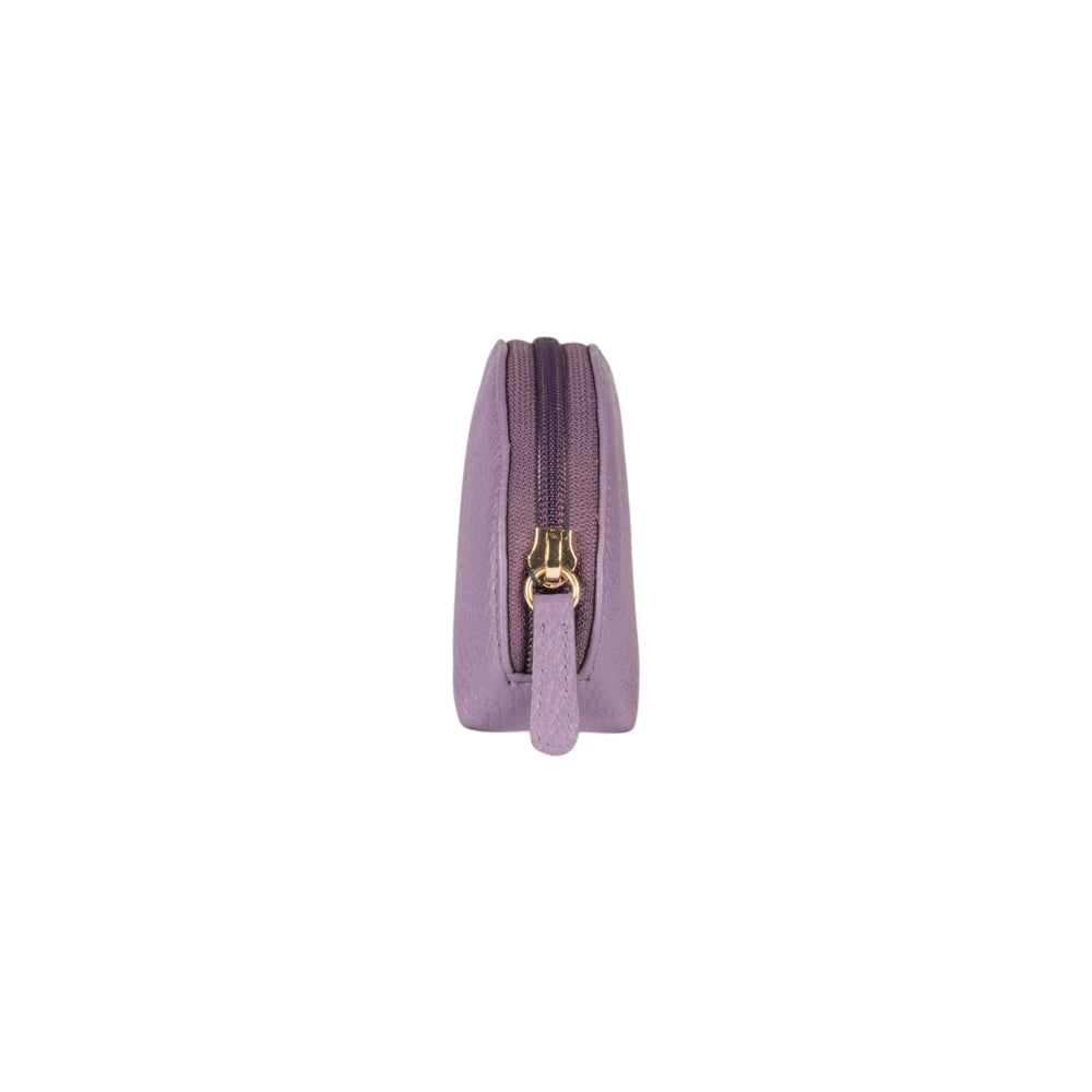 Purple half-moon leather clutch bag side view with zipper and gold-tone ring pull