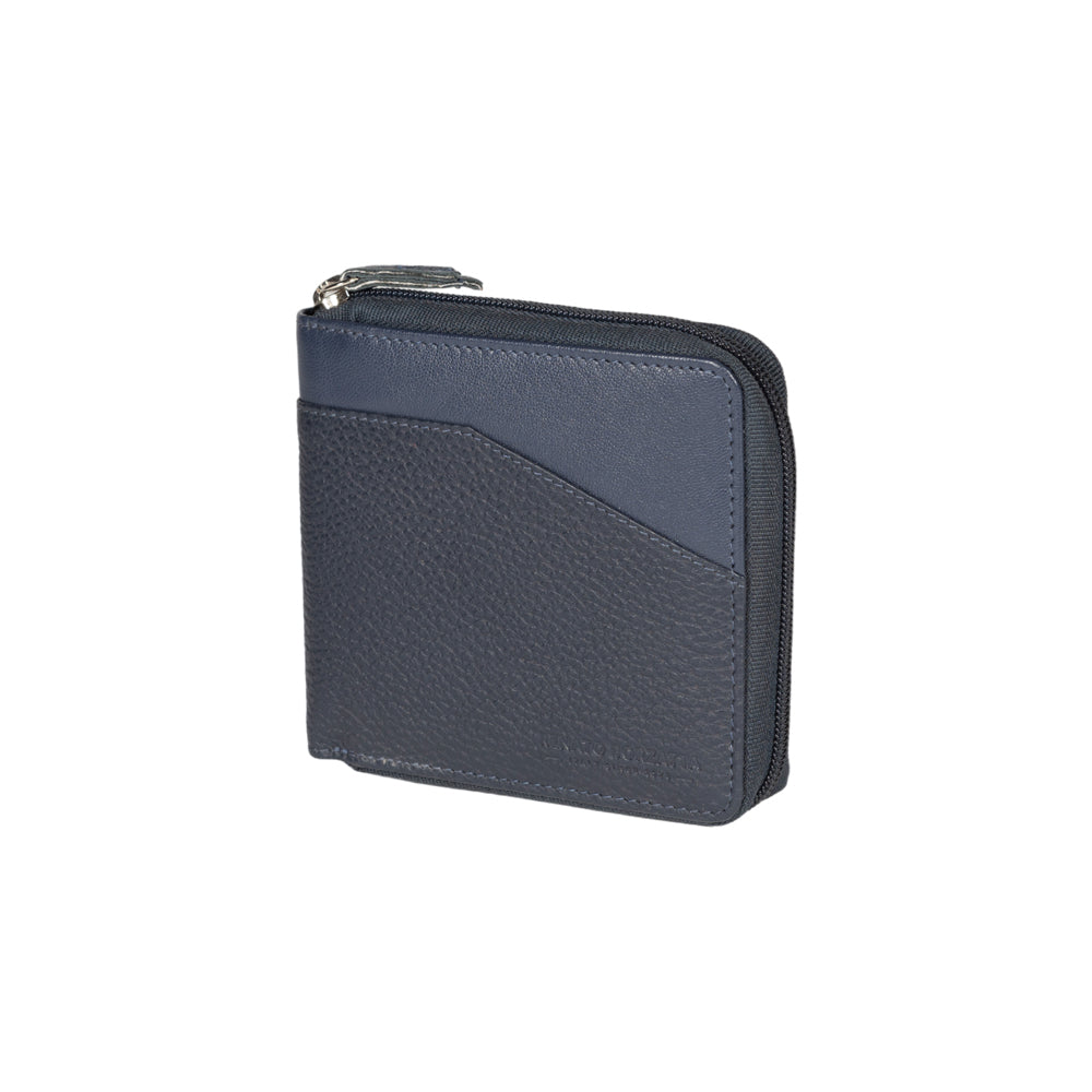 RB12175D | Portafogli con Lampo in Vera Pelle pieno fiore, grana dollaro/leggera. Colore Blu. Protezione RFID. Dimensioni da chiuso: cm 11,5 x 10,5 x 2. Confezione: Scatola regalo fondo/coperchio - Accessorio at Dealshubindia