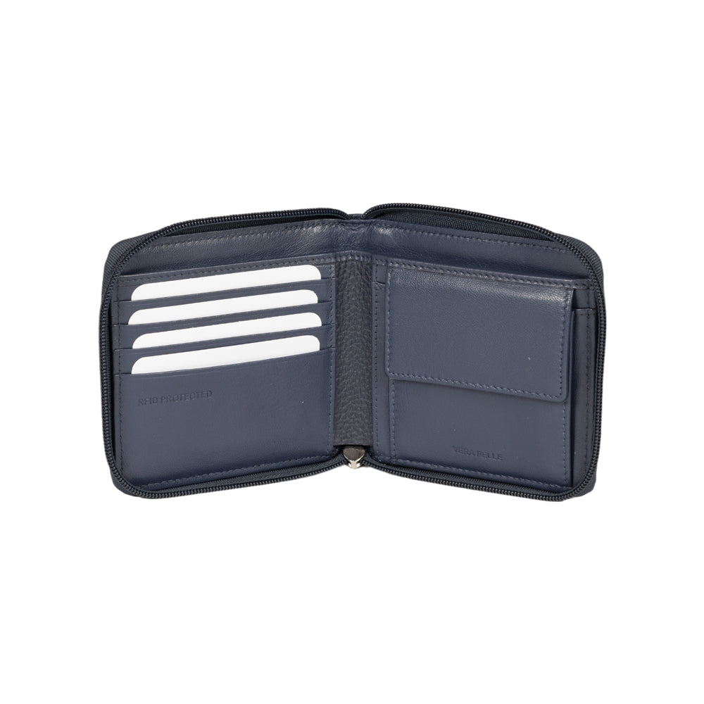RB12175D | Portafogli con Lampo in Vera Pelle pieno fiore, grana dollaro/leggera. Colore Blu. Protezione RFID. Dimensioni da chiuso: cm 11,5 x 10,5 x 2. Confezione: Scatola regalo fondo/coperchio - Accessorio at Dealshubindia