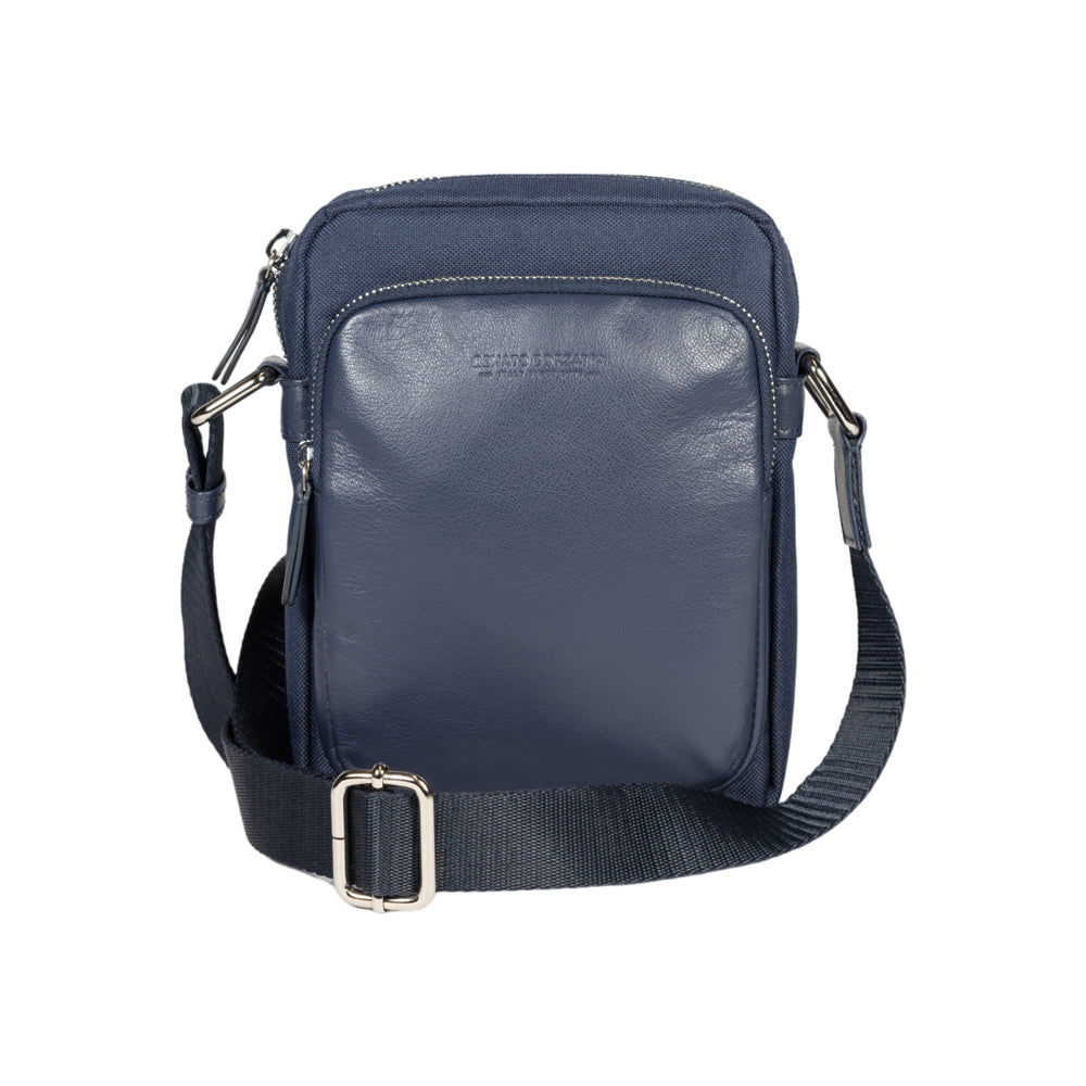 RB2002D | Nylon/Vera Leather Shoulder Bag, with light grain. Zipper closure and adjustable shoulder strap - Blue color - Size: 15.5 x 21 x 7 cm. Packaging: Non-Woven Fabric Bag - Bag at Dealshubindia