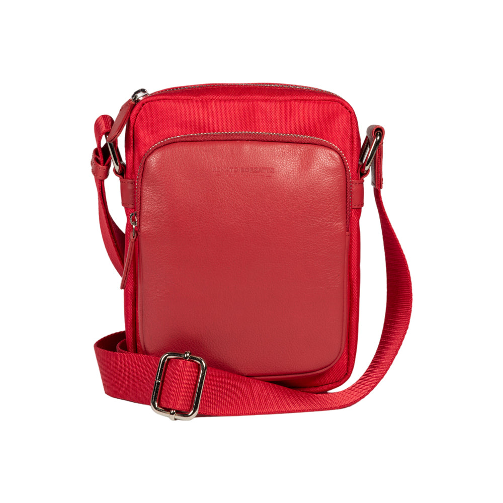 RB2002V | Nylon/Vera Leather Shoulder Bag, with light grain. Zipper closure and adjustable shoulder strap - Red color - Size: 15.5 x 21 x 7 cm. Packaging: Non-Woven Fabric Bag - Bag at Dealshubindia