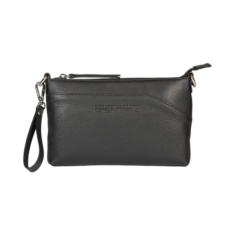 RB2003A | Genuine full-grain leather shoulder/wrist bag, dollar/light grain. Removable shoulder strap and handle. Black color. Dimensions: 22 x 14 x 2.5 cm. Packaging: Non-Woven Fabric Bag - Bag at Dealshubindia