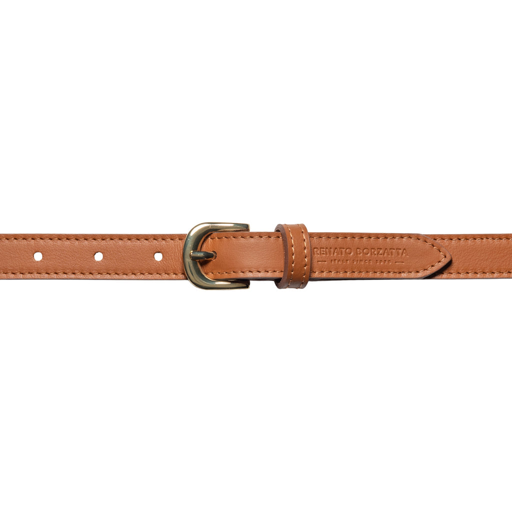 RB4018S | Women's Belt Made in Italy in Soft Genuine Sauvage Leather. Polished Gold-Finish Buckle. Cognac Color. Dimensions: 115 x 2.0 x 0.5 cm (waistline 100 cm) - Accessory at Dealshubindia