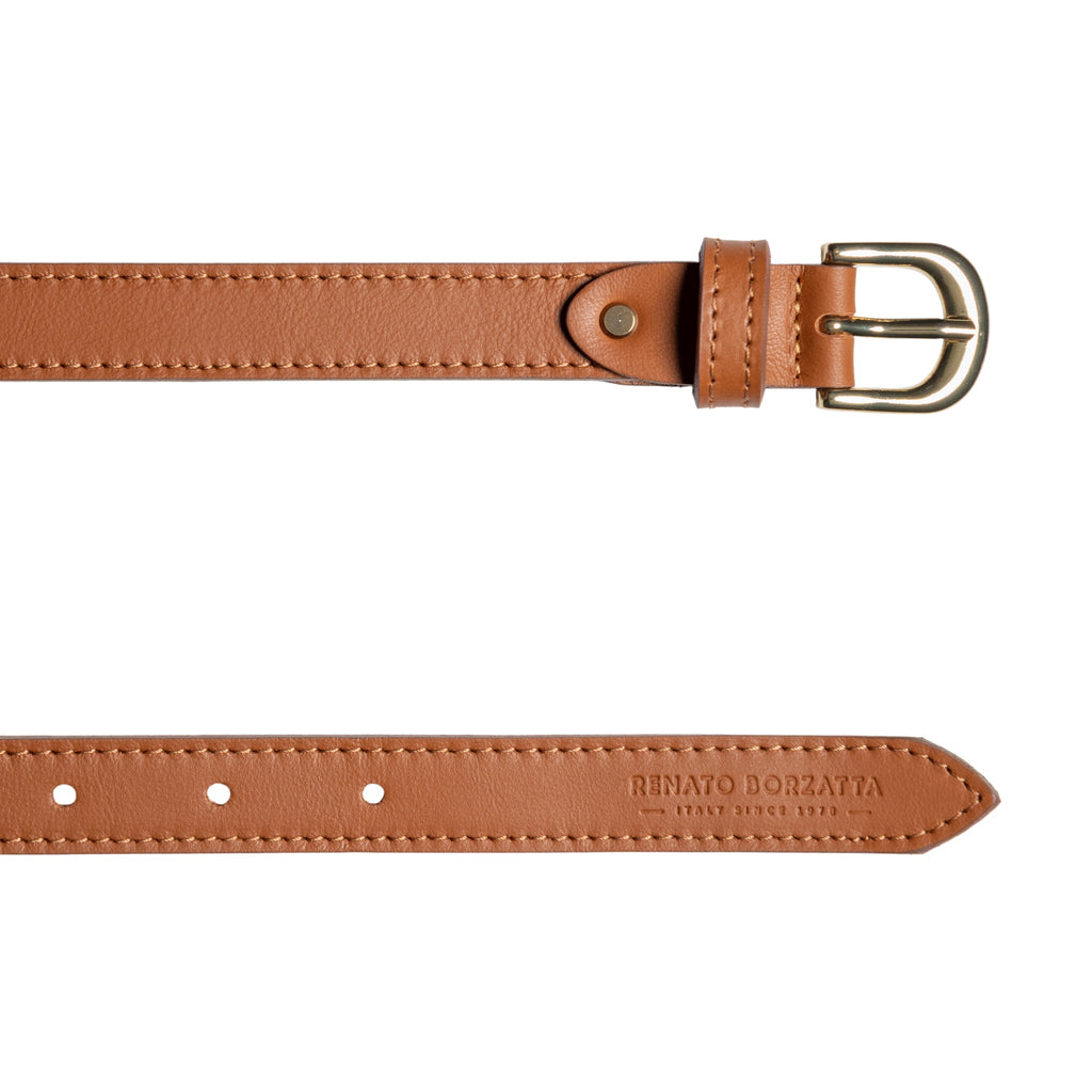 RB4018S | Women's Belt Made in Italy in Soft Genuine Sauvage Leather. Polished Gold-Finish Buckle. Cognac Color. Dimensions: 115 x 2.0 x 0.5 cm (waistline 100 cm) - Accessory at Dealshubindia