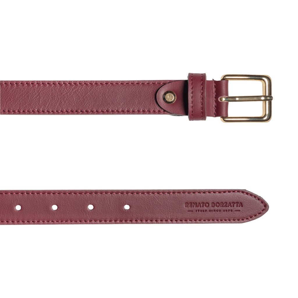 RB4019X | Women's Belt Made in Italy in Genuine Soft Sauvage Leather. Polished Gold-finish buckle. Bordeaux color. Dimensions: 115 x 2.5 x 0.5 cm (waistline 100 cm) - Accessory at Dealshubindia