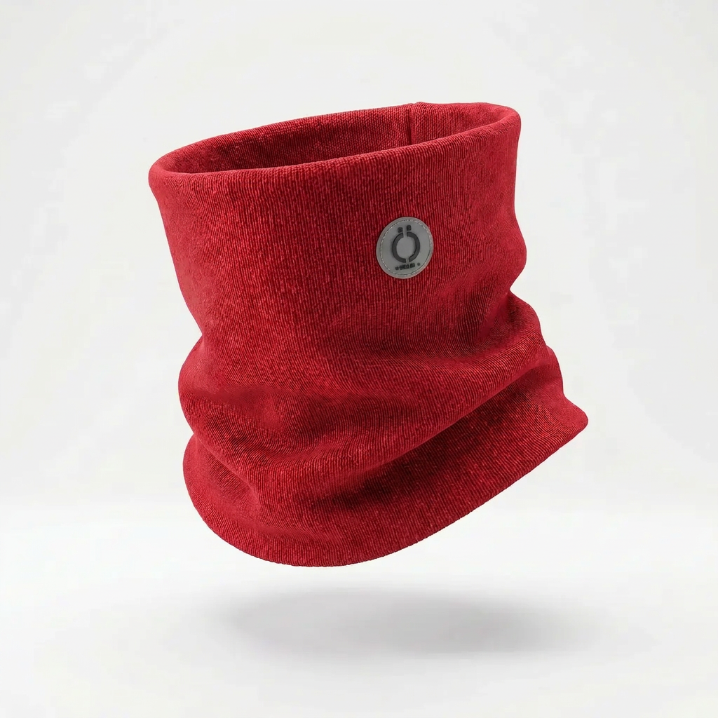 Red knitted neckwarmer with small circular logo patch on the front
