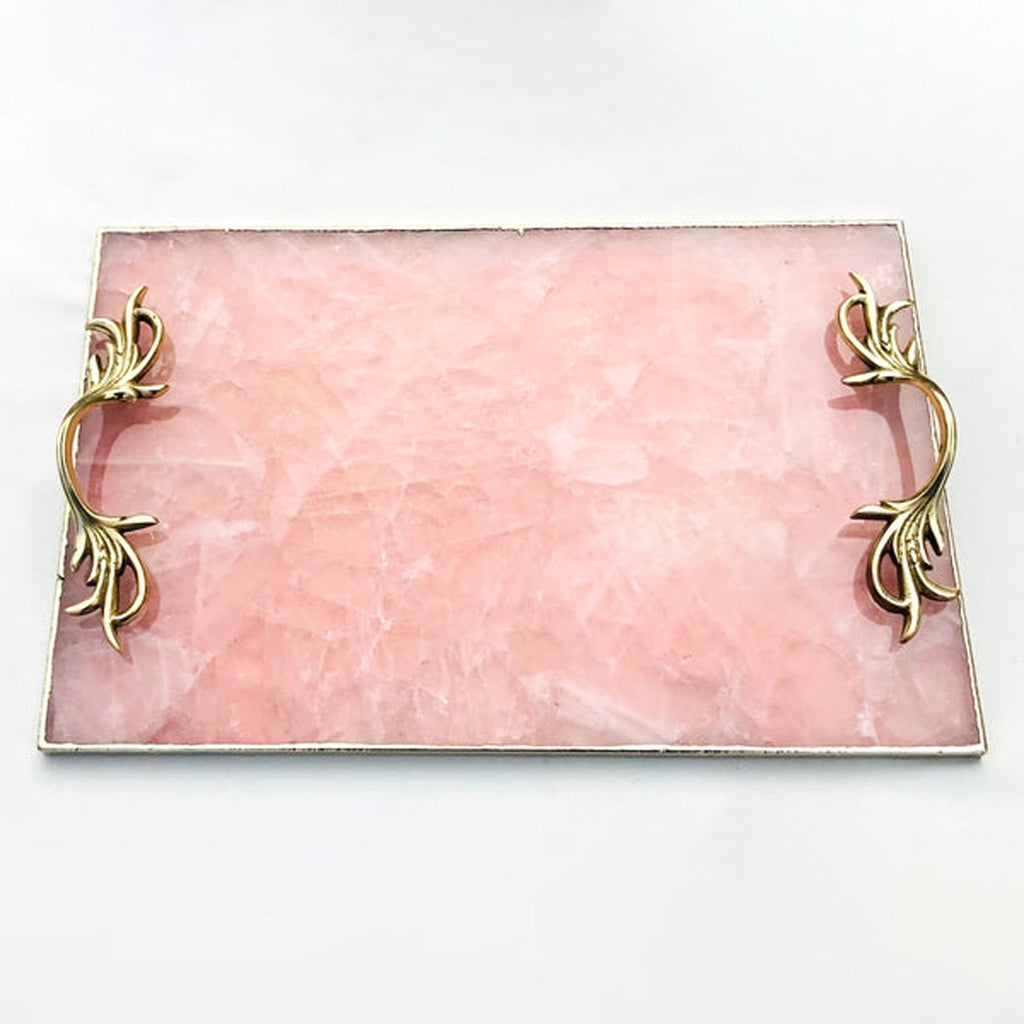 Rose Quartz Serving Tray with Brass Handles
