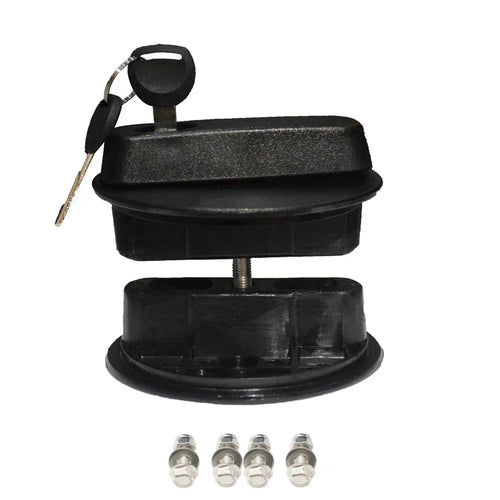 Black jerry can mount and cap assembly with key lock and included fasteners