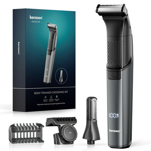 Black electric beard and body trimmer with foil shaver head and detail guard