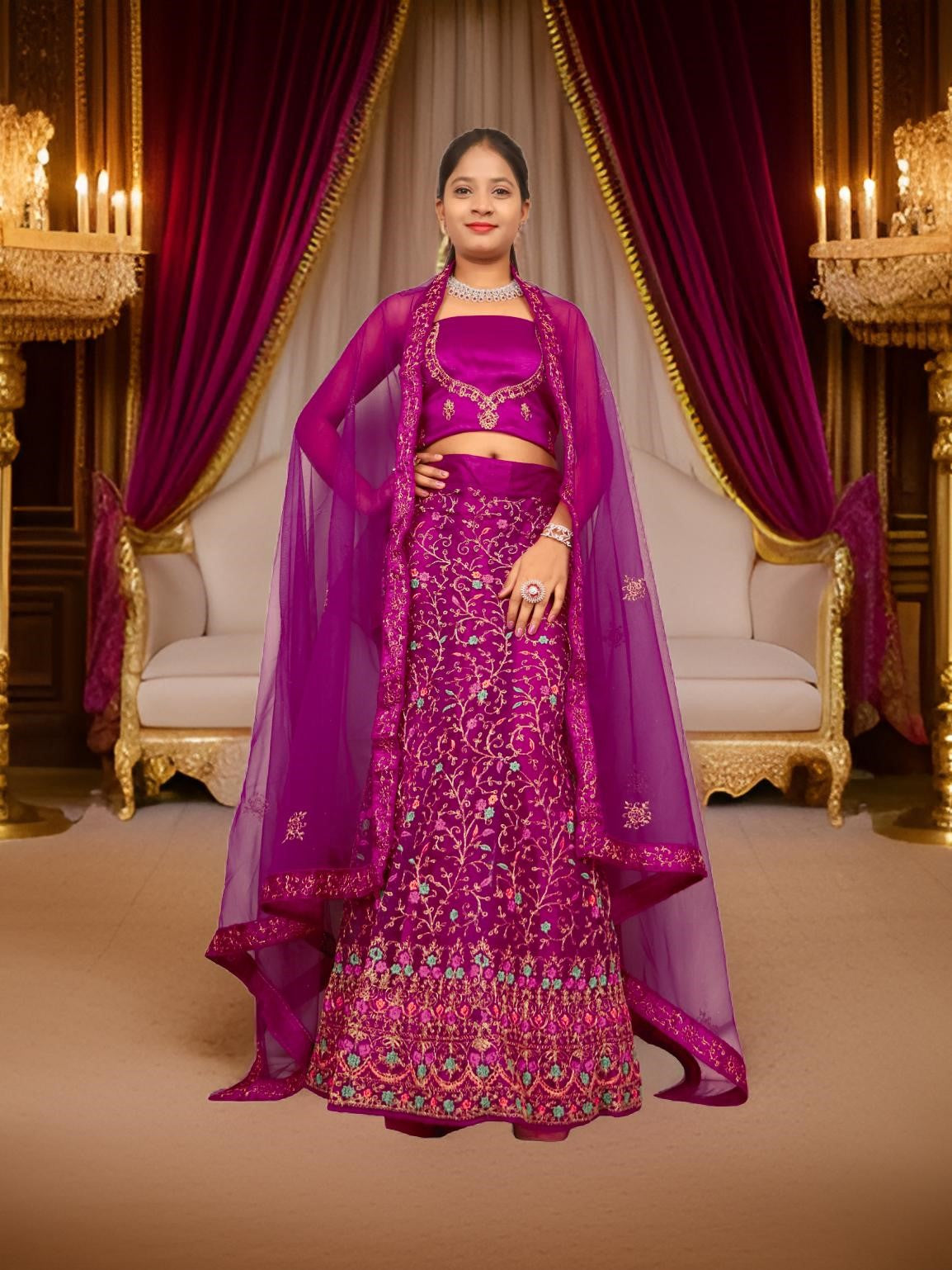 Semi-Stitched Lehenga with Embroidery & Zari Thread Work by Shreekama