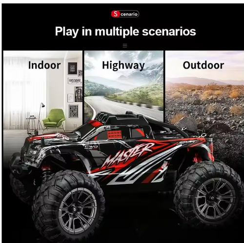 Black and red off-road RC truck with oversized wheels and roof vent, side view