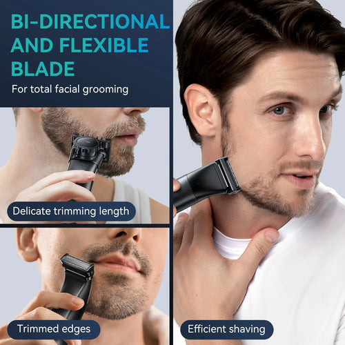 Black electric trimmer shaver with pivoting head, trimming facial hair