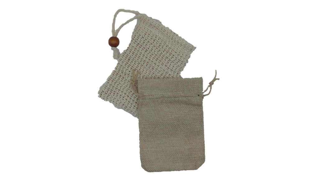 Burlap soap-saver bag and bar of soap with drawstring