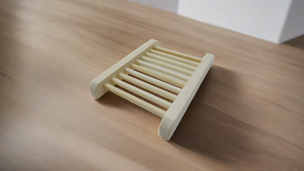 Small bamboo soap dish with grooved draining slats on tabletop