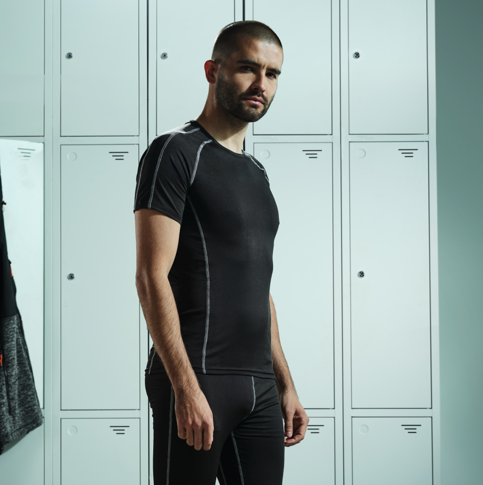 Men's thermal base layer top and pants, black with gray piping