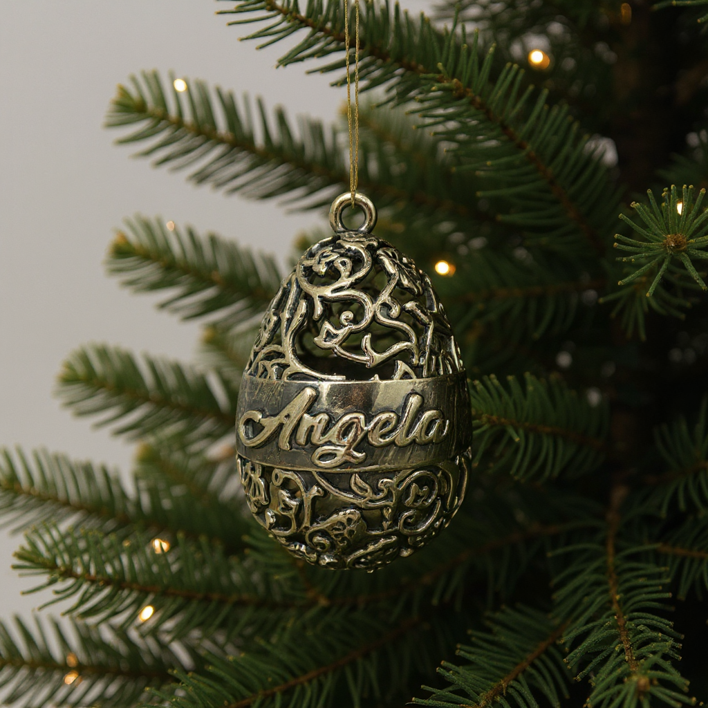 Personalized floral egg christmas bauble | antique gold metallic ornament | set of 2 or 4