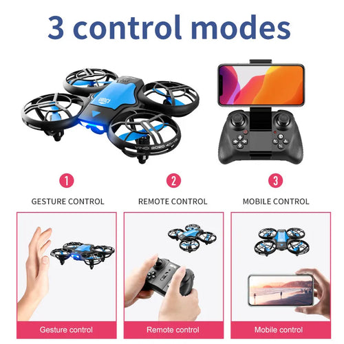 Mini quadcopter drone with remote controller and smartphone screen for control