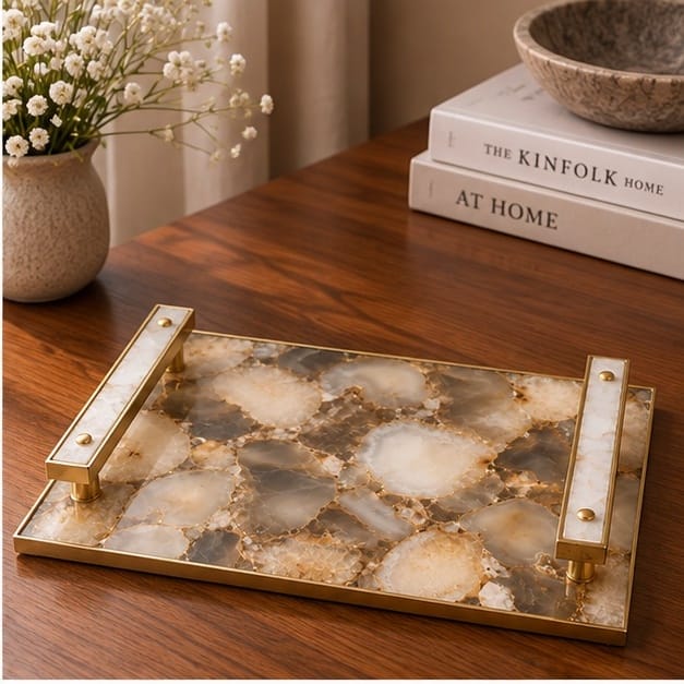Brown Agate Serving Tray with Clear Quartz Handles