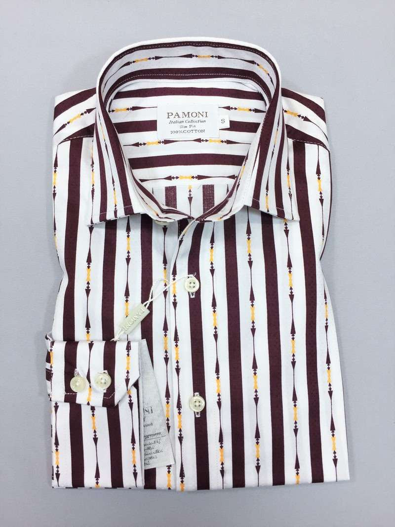 White Maroon Bold Stripe Slim Fit Shirt