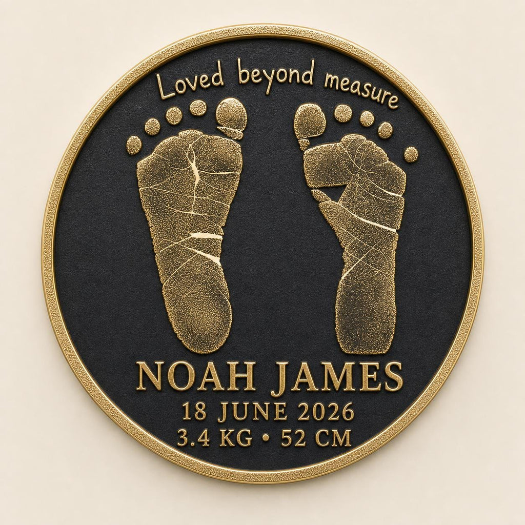 Personalised Newborn Footprint Plaque, Custom Baby Birth Record, Antique Brass Baby Keepsake
