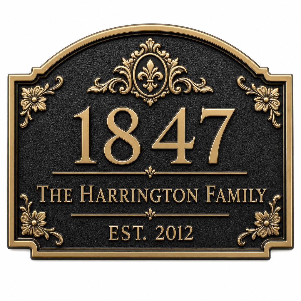 Personalized Address Plaque – Antique Brass Fleur-de-Lis Arch