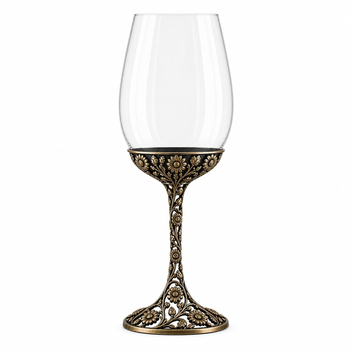 April Daisy Wine Glass, Personalised Birth Flower, Openwork Brass Stem, Custom Etched Gift