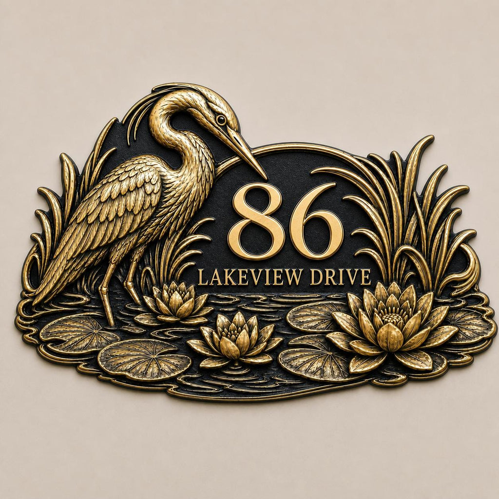 Design Your Own House Number Plaque, Heron and Water Lilies