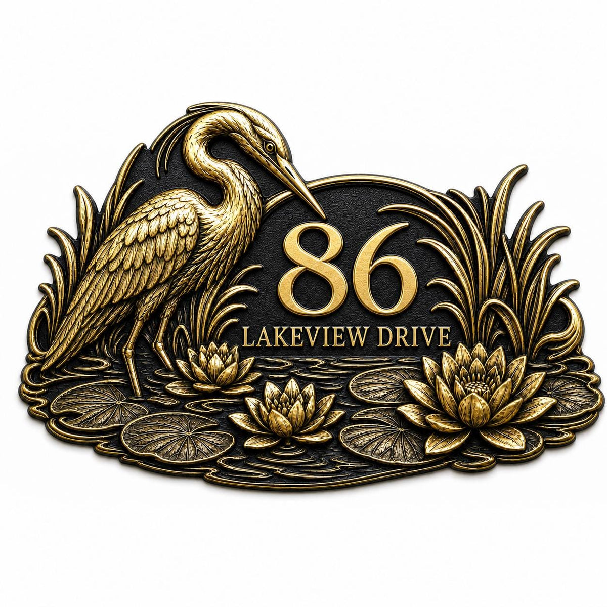 Design Your Own House Number Plaque, Heron and Water Lilies