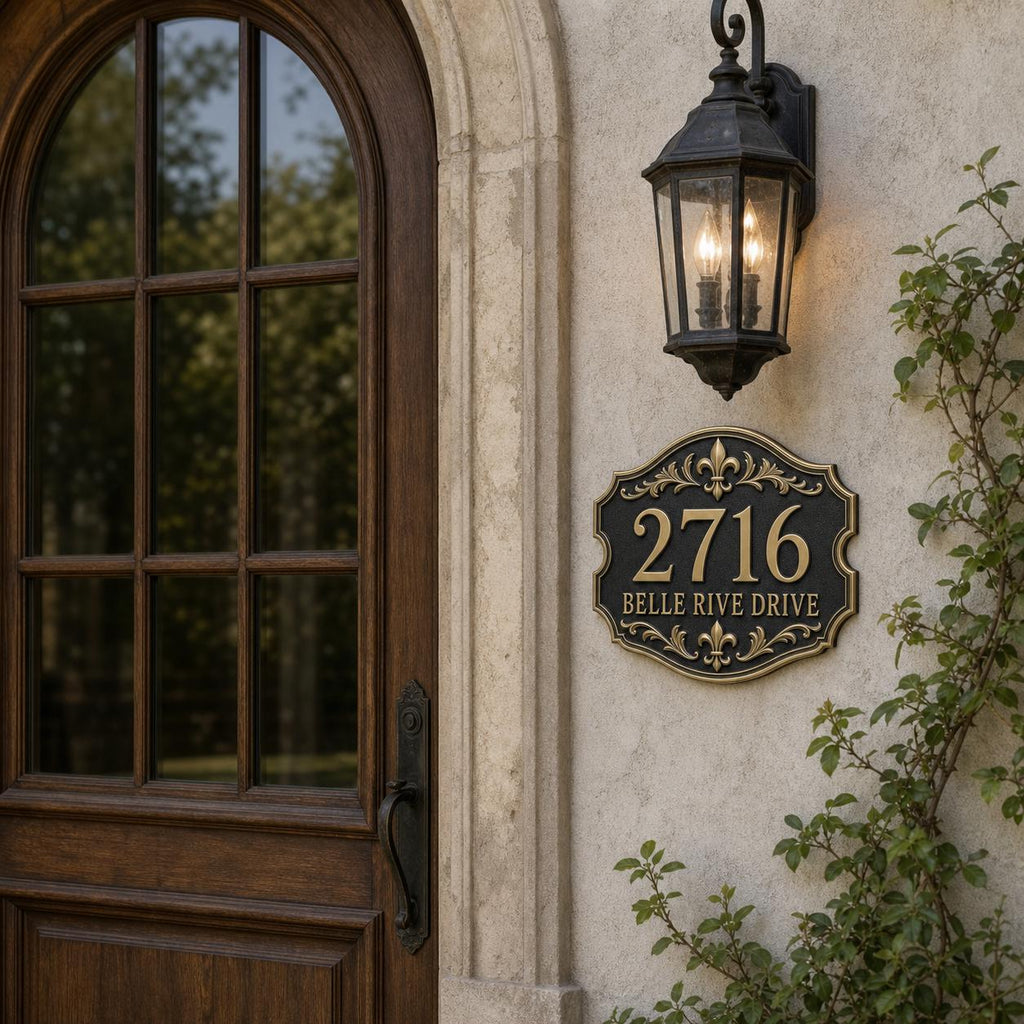 Personalized Address Plaque – Antique Brass Fleur-de-Lis Cartouche