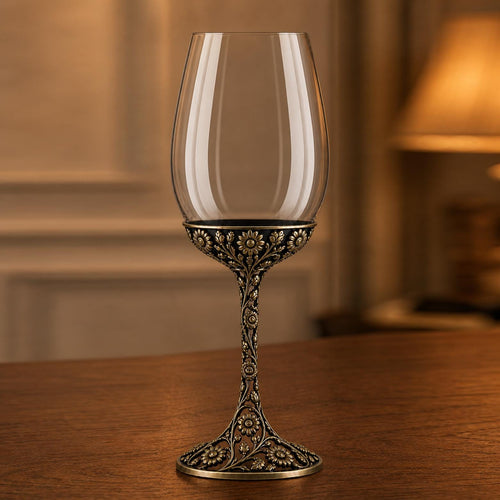 Wine glass with ornate brass openwork stem and clear fluted bowl