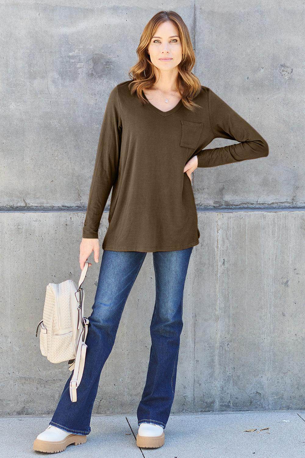 Basic Bae Full Size V-Neck Long Sleeve Top for Women - n/a at Dealshubindia