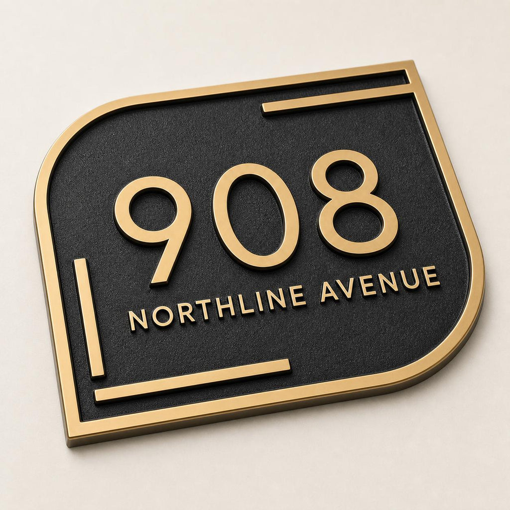 Antique brass address plaque featuring 908 and Northline Avenue on dark backing