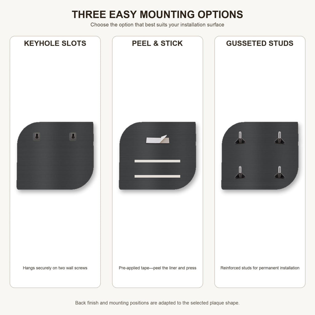 Address plaque mounting options: keyhole slots, peel-and-stick, and gusseted studs