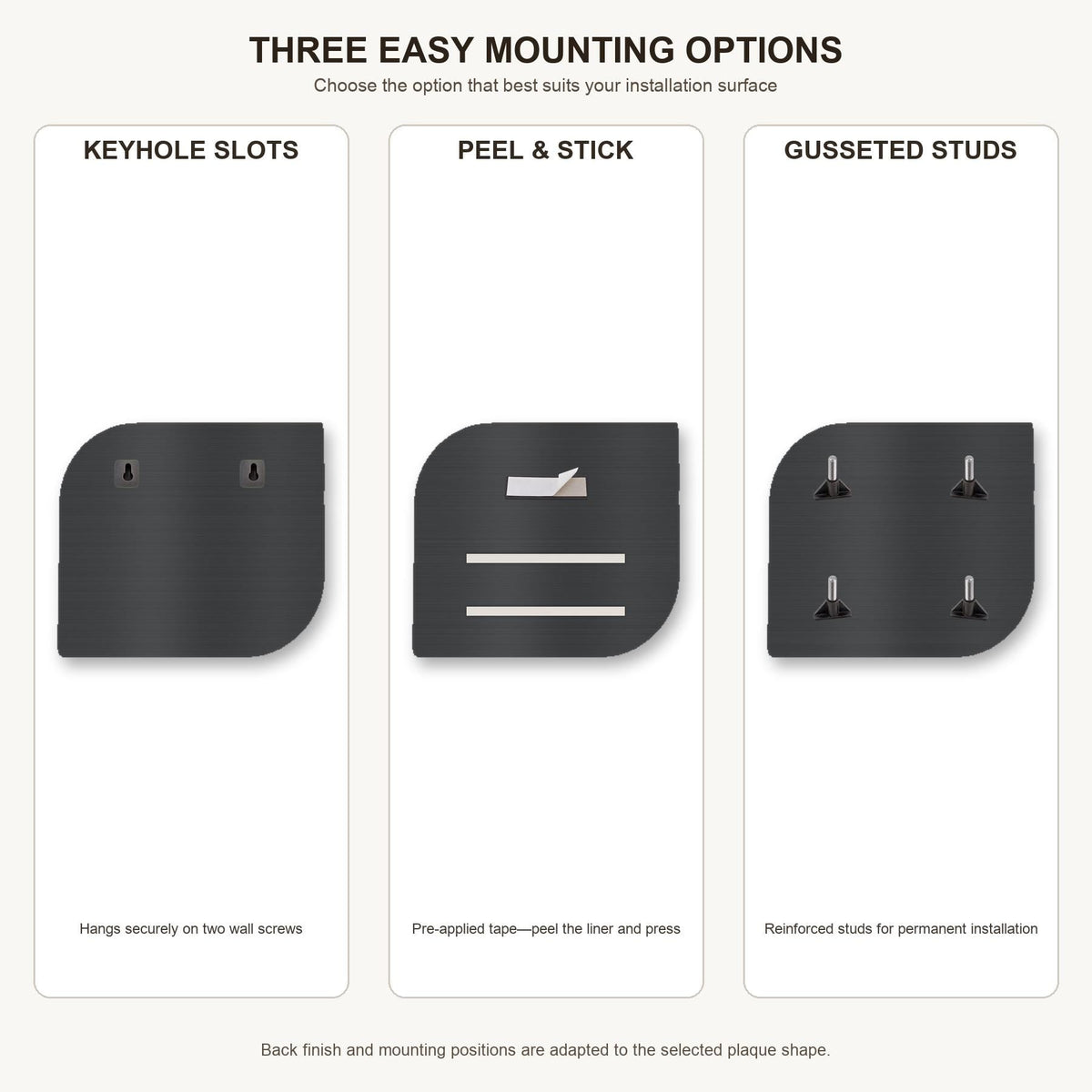Address plaque mounting options: keyhole slots, peel-and-stick, and gusseted studs