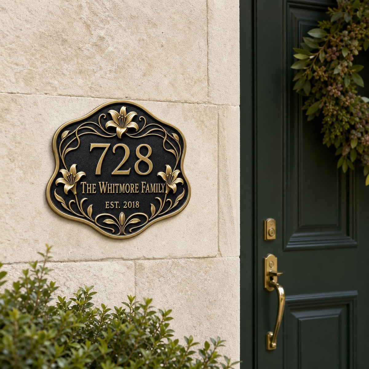 Personalized Address Plaque – Antique Brass Lily and Vine