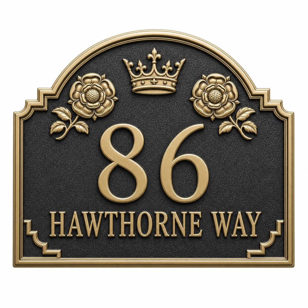 Crown and Rose Address Plaque in Antique Brass