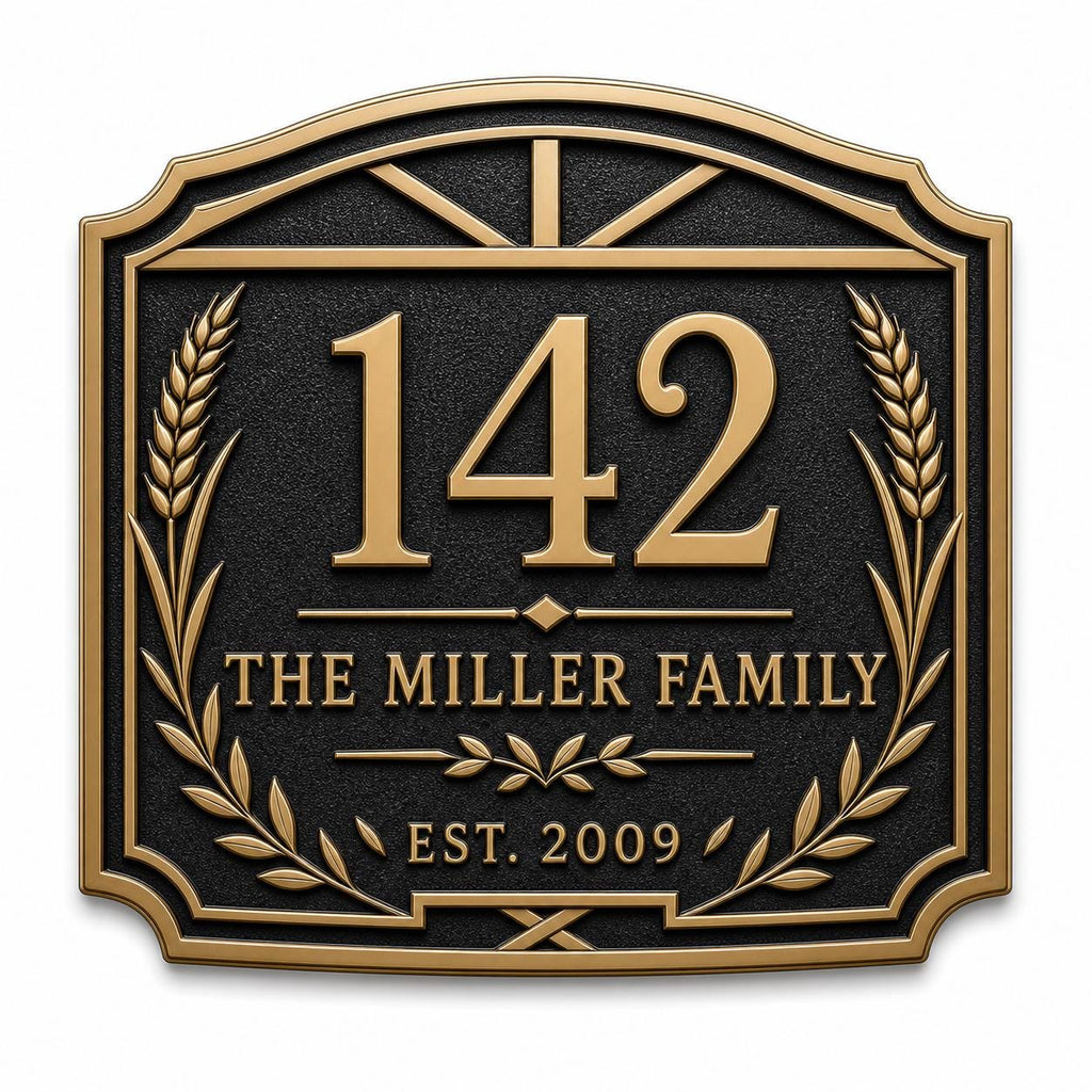 Wheat and Laurel Gable Plaque in Antique Brass