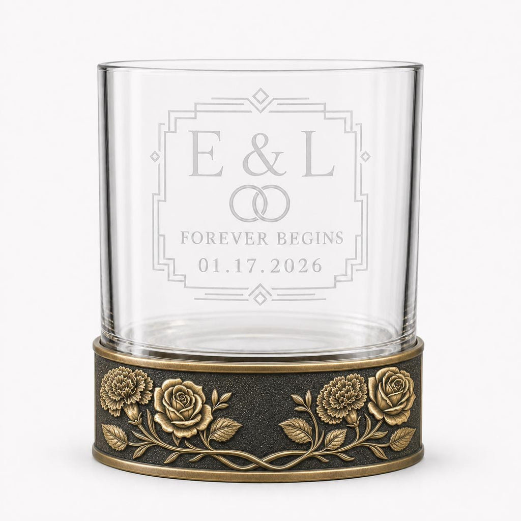 Personalized Birth Flower Whiskey Glass – Carnation and Rose, 10 oz