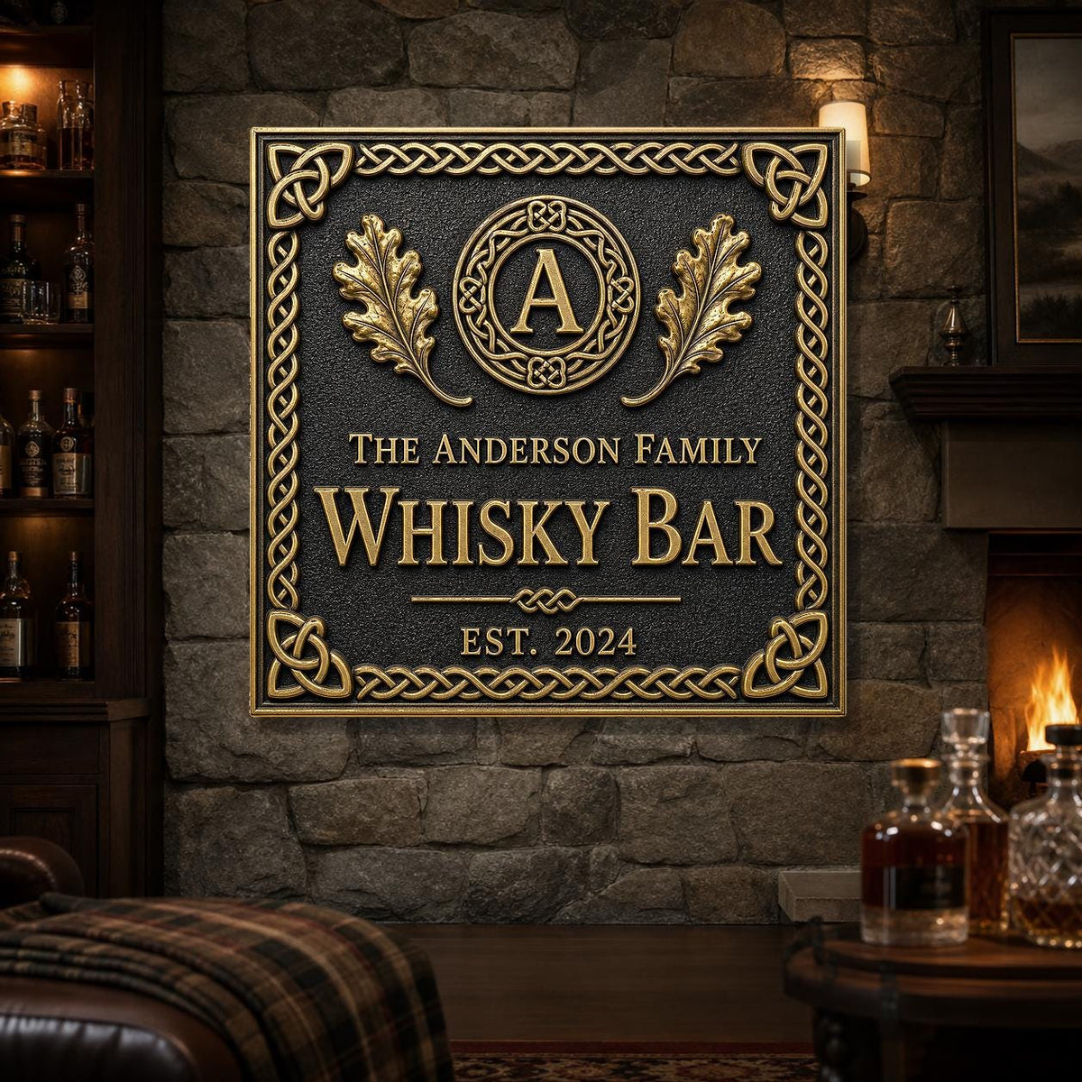 Personalized Home Bar Sign – Antique Brass Celtic Knot, Square