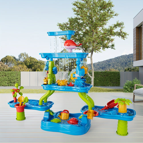 Kids water and sand activity table outdoors, blue tiers with flowing water and sand toys