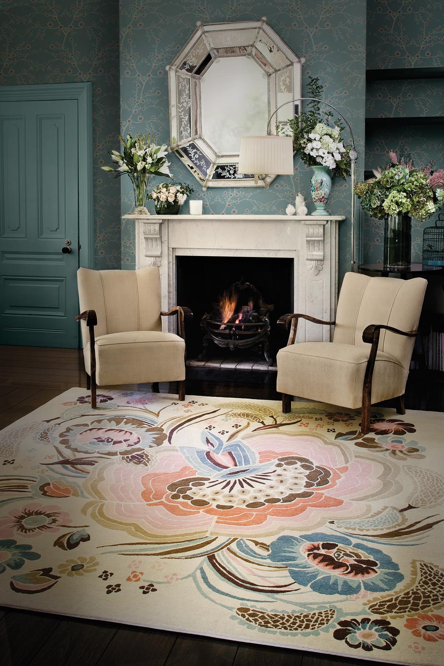 Blumeo Rug | Ivory, Blush Pink & Dusty Blue | Hand Tufted New Zealand Wool | Rugfine