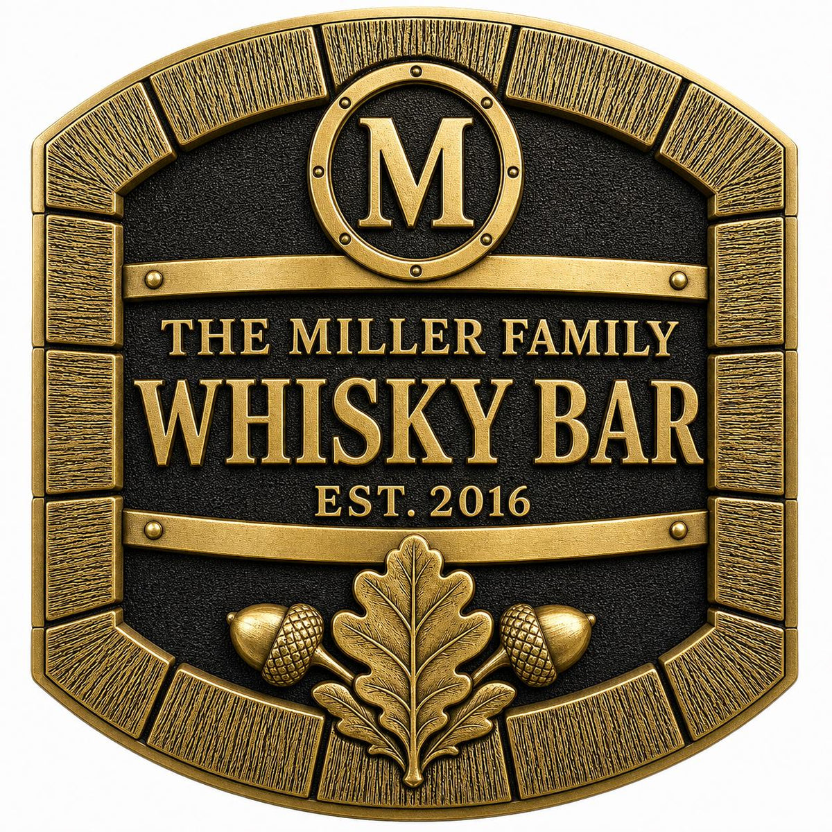 Personalized Home Bar Sign – Antique Brass Barrel Front