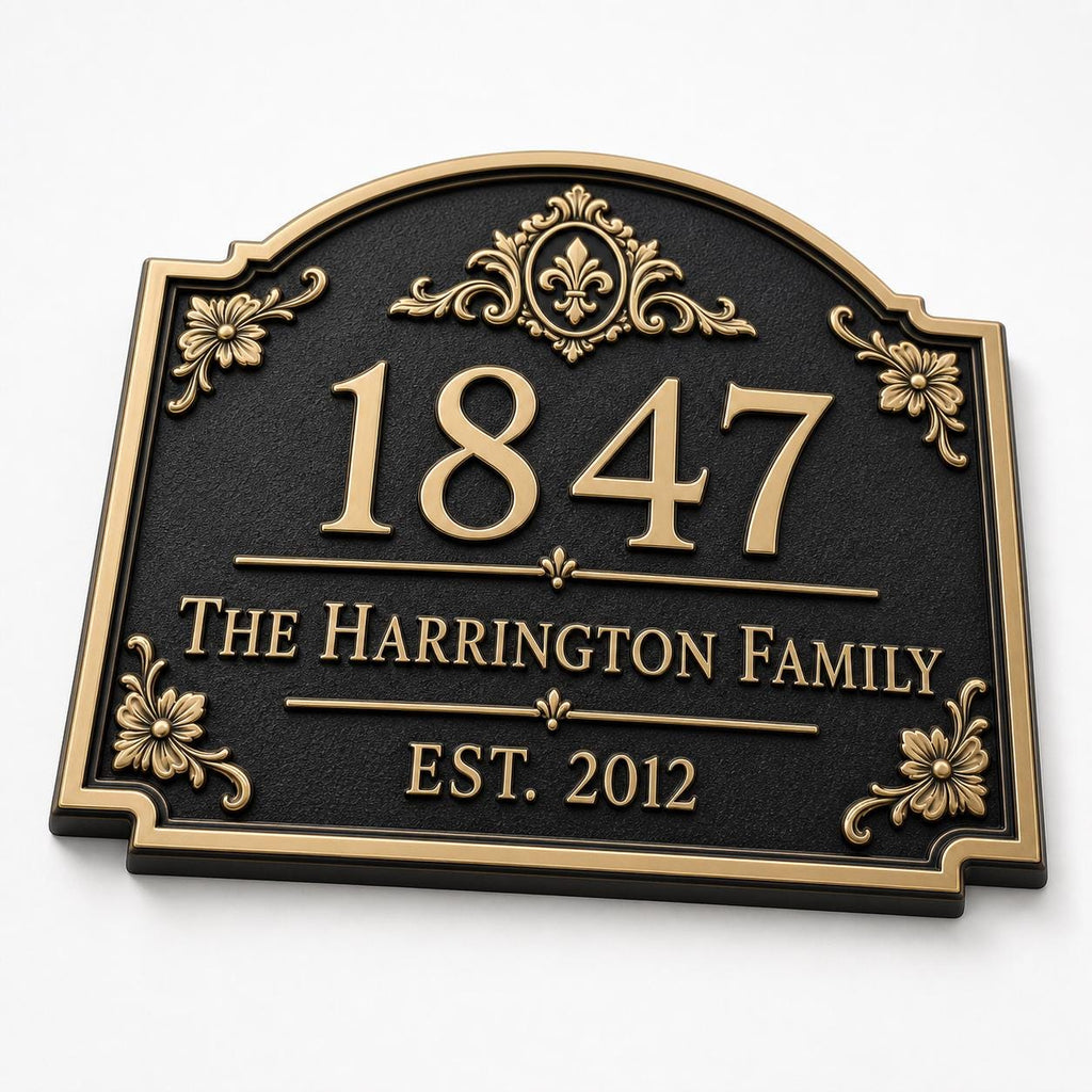 Personalized Address Plaque – Antique Brass Fleur-de-Lis Arch